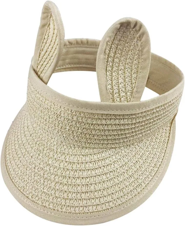 Kids Empty Top 𝗦traw Sun Visor Hat Summer Folding Baby Girl Boy Adjustable Bunny Ear Shape Wide Brim Cap