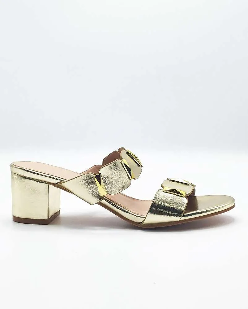 Kolee Stud Detail Block Heel Mules in Gold