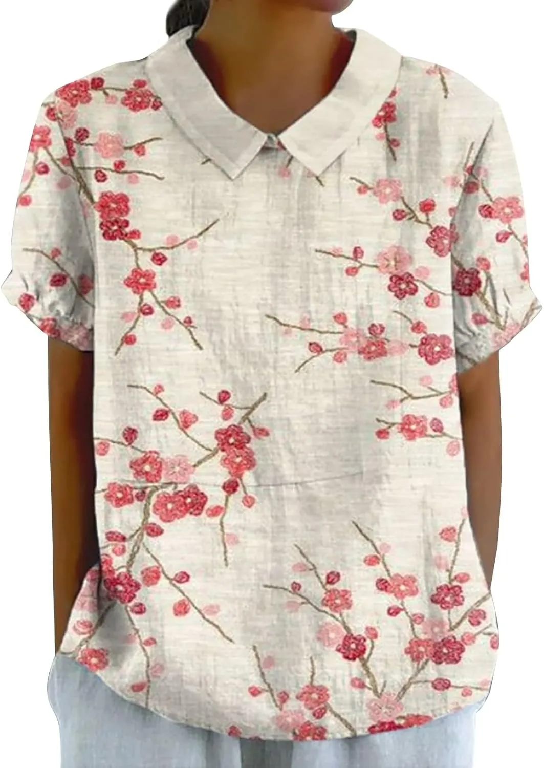 Linen Shirt Women,Summer Lightweight Short Sleeve Tunic Tshirts Lapel Collared Boho Tops Work Casual Blouses