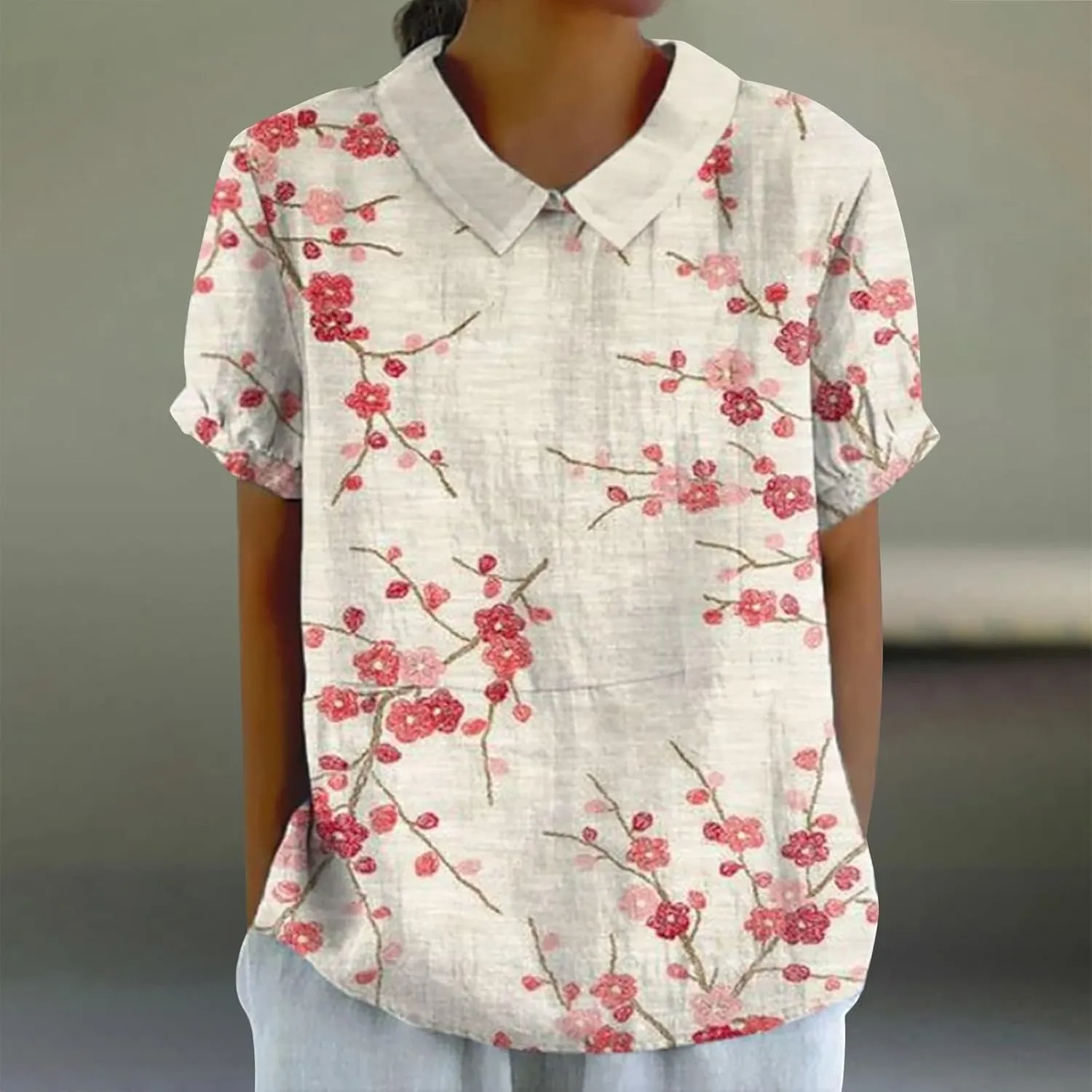 Linen Shirt Women,Summer Lightweight Short Sleeve Tunic Tshirts Lapel Collared Boho Tops Work Casual Blouses