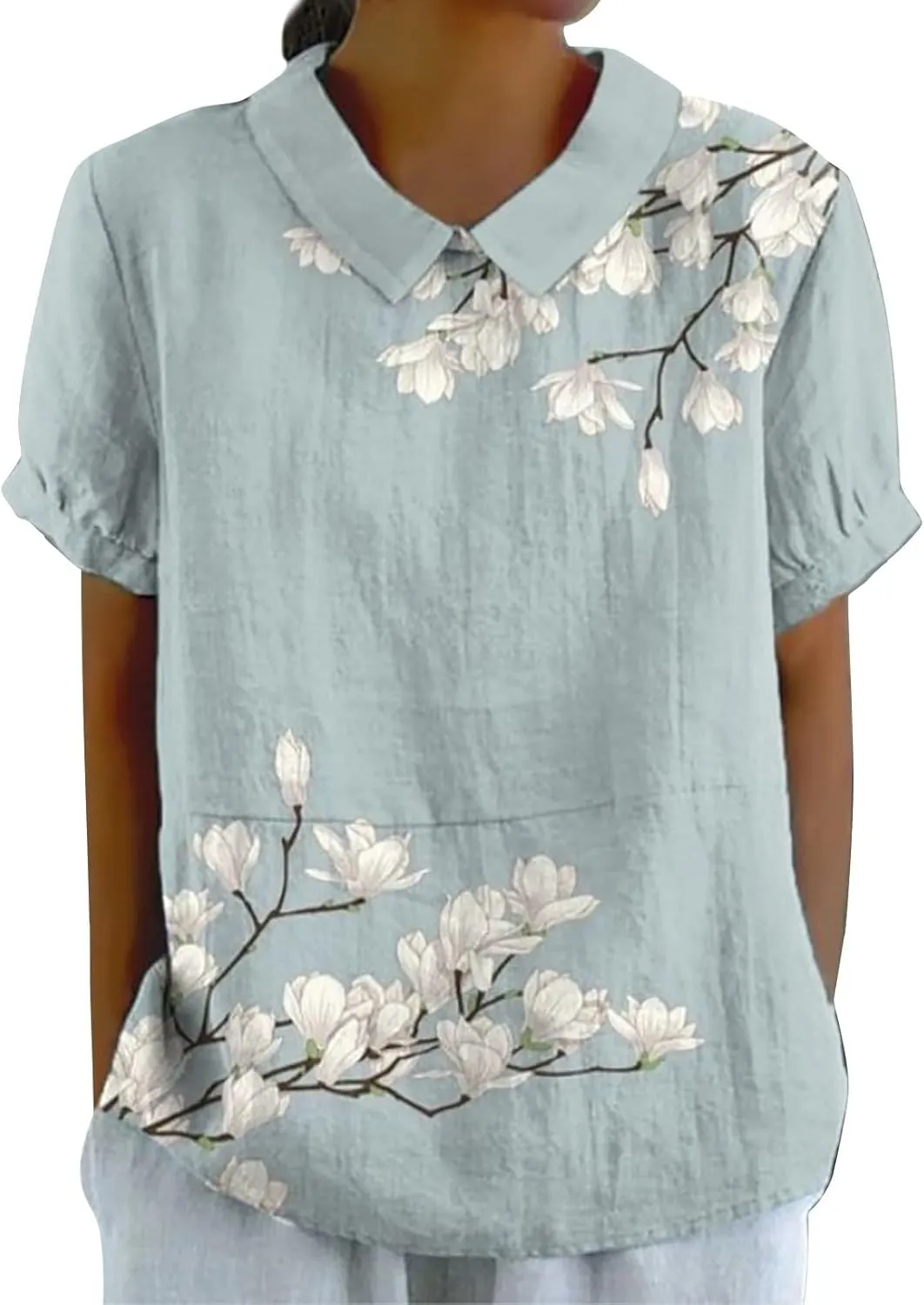 Linen Shirt Women,Summer Lightweight Short Sleeve Tunic Tshirts Lapel Collared Boho Tops Work Casual Blouses