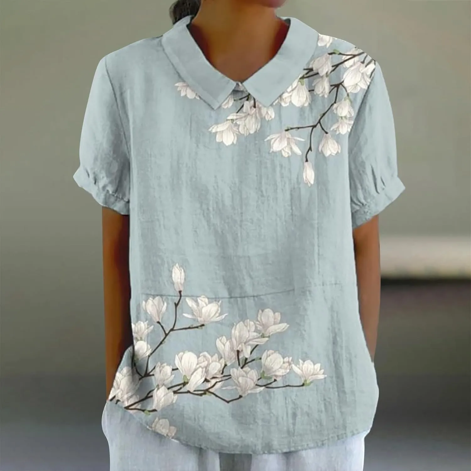 Linen Shirt Women,Summer Lightweight Short Sleeve Tunic Tshirts Lapel Collared Boho Tops Work Casual Blouses