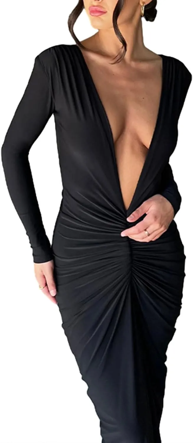 lisenraIn Long Sleeve Maxi Dress for Women Sexy Backless Long Dress Evening Party Wedding Guest Back Ruched Bodycon Dress