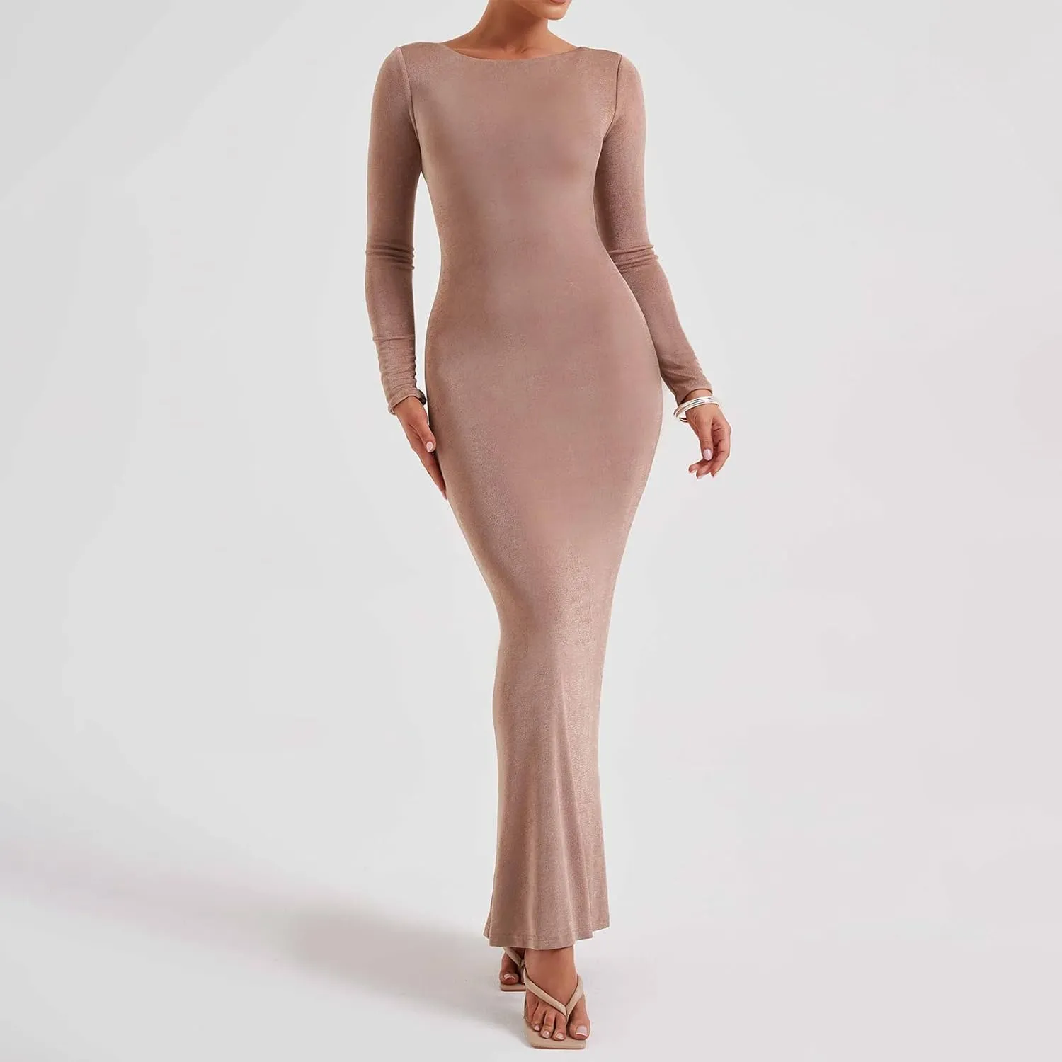 lisenraIn Long Sleeve Maxi Dress for Women Sexy Backless Long Dress Evening Party Wedding Guest Back Ruched Bodycon Dress