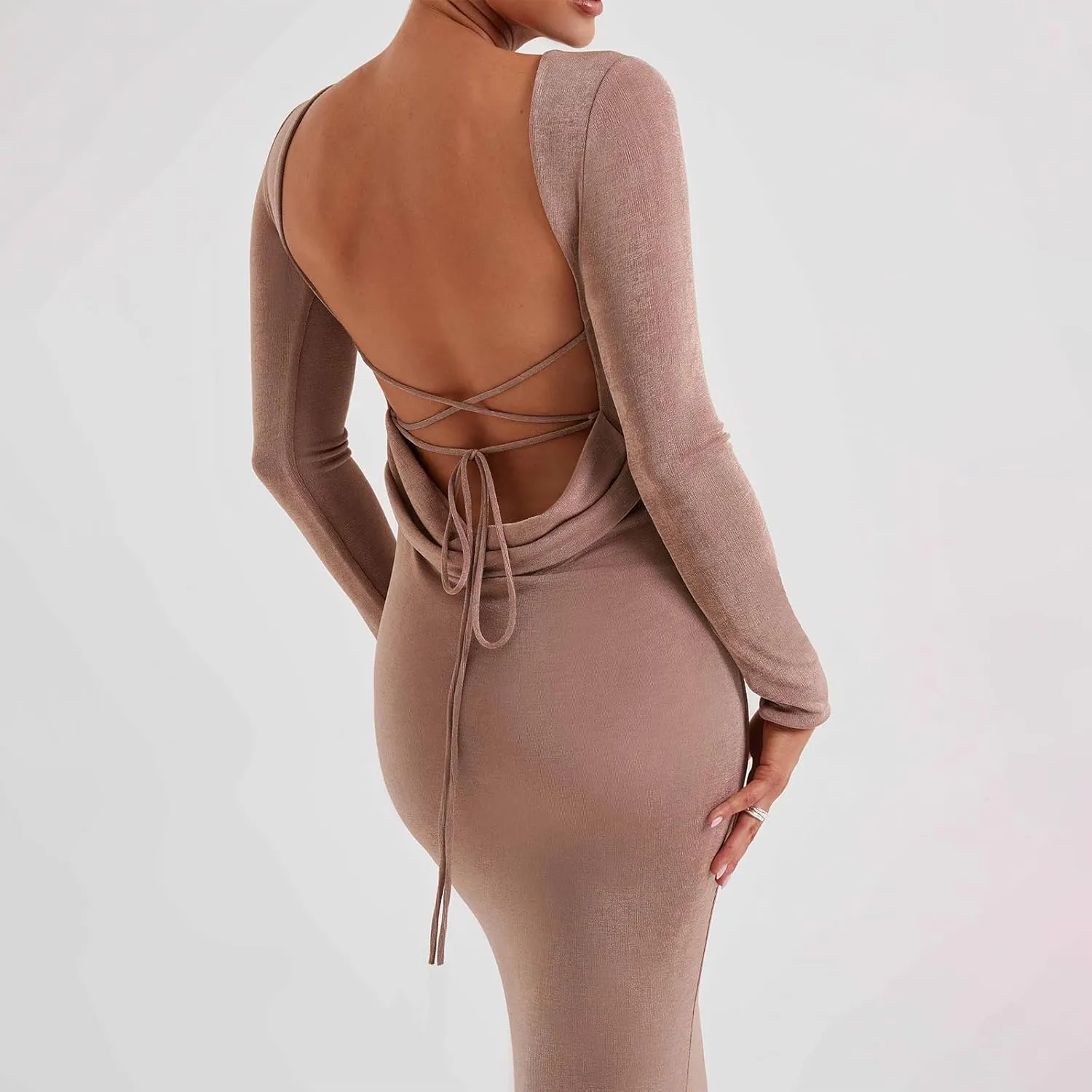 lisenraIn Long Sleeve Maxi Dress for Women Sexy Backless Long Dress Evening Party Wedding Guest Back Ruched Bodycon Dress