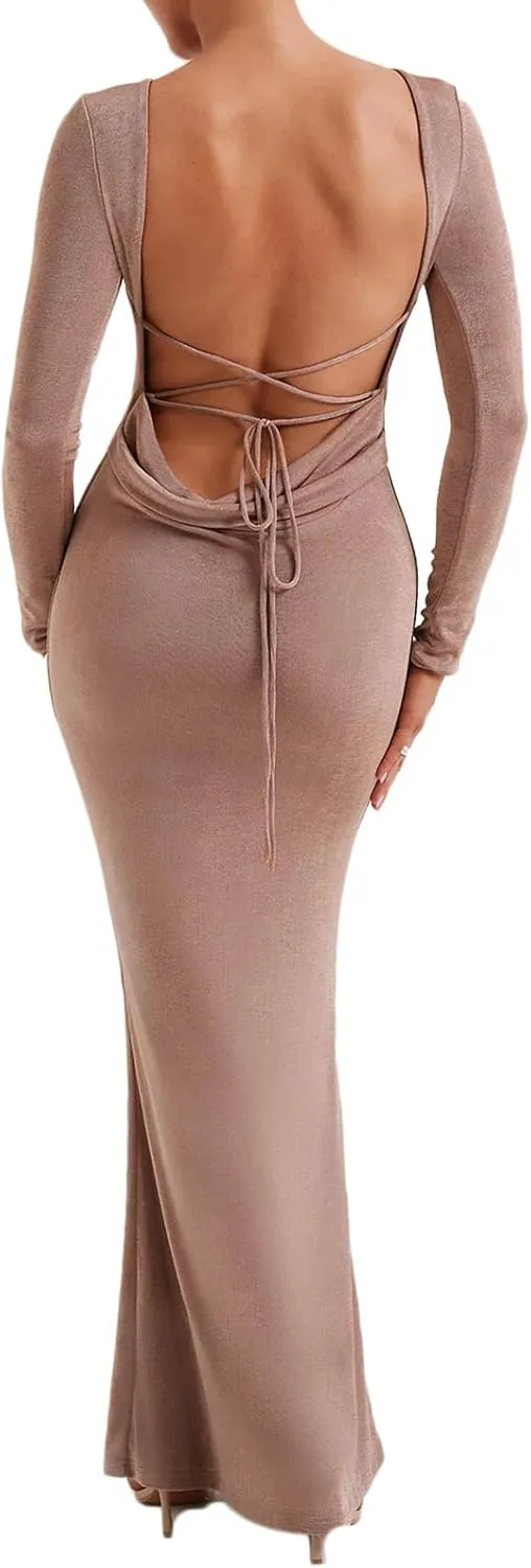 lisenraIn Long Sleeve Maxi Dress for Women Sexy Backless Long Dress Evening Party Wedding Guest Back Ruched Bodycon Dress