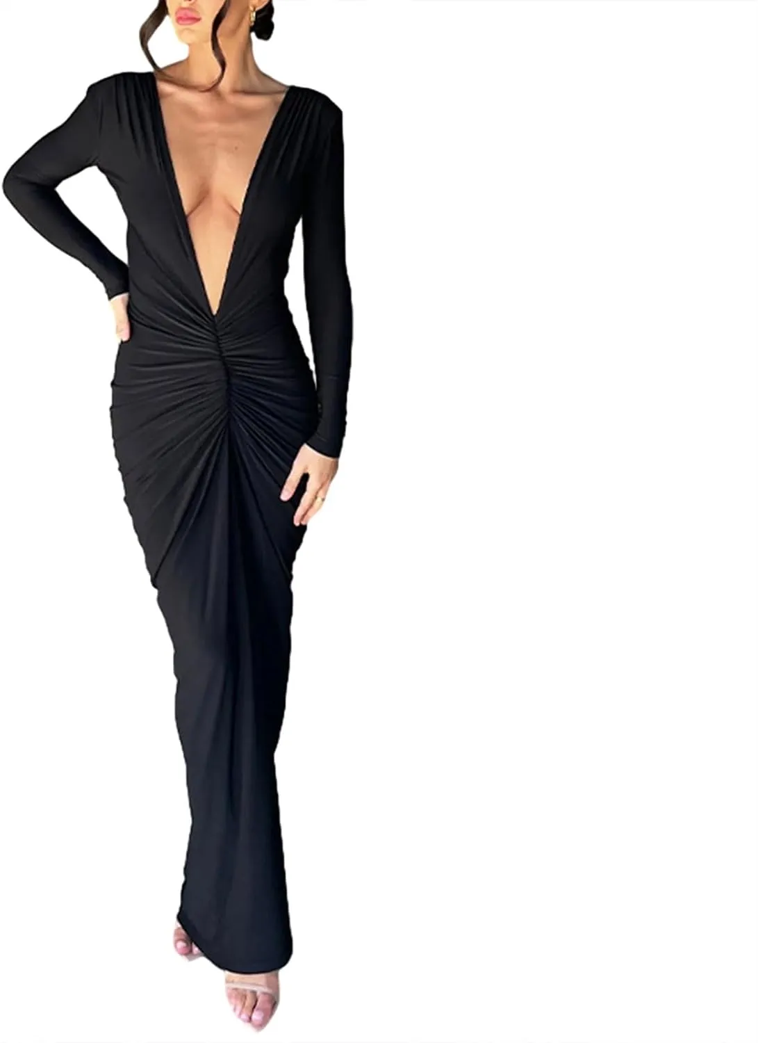 lisenraIn Long Sleeve Maxi Dress for Women Sexy Backless Long Dress Evening Party Wedding Guest Back Ruched Bodycon Dress