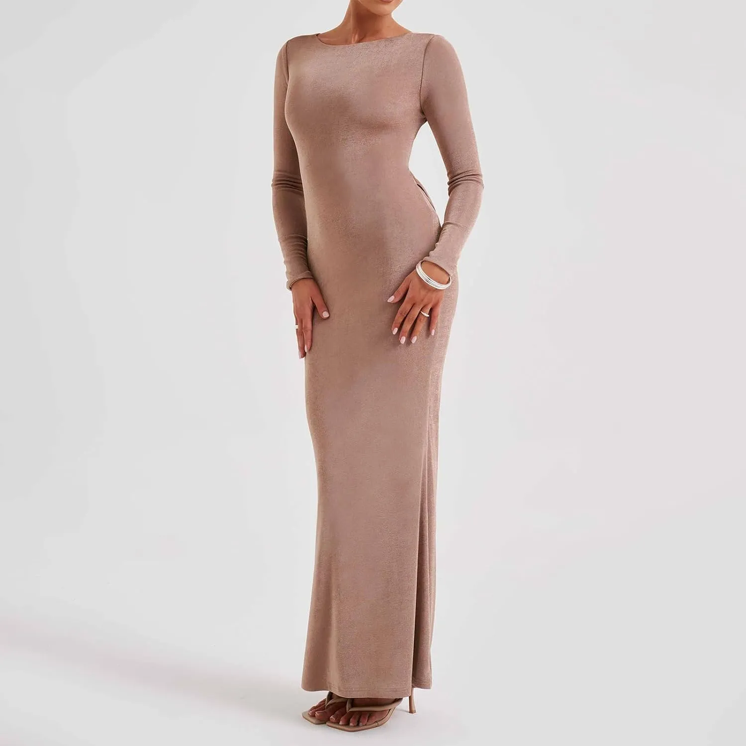 lisenraIn Long Sleeve Maxi Dress for Women Sexy Backless Long Dress Evening Party Wedding Guest Back Ruched Bodycon Dress