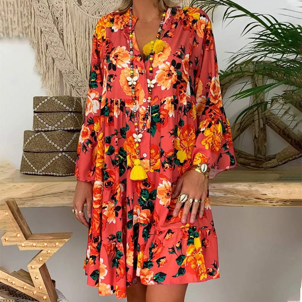 Long Sleeve Dress for Women Plus Size Floral Print Shirt Dress Button Down Casual Loose Midi Dress Summer Dresses
