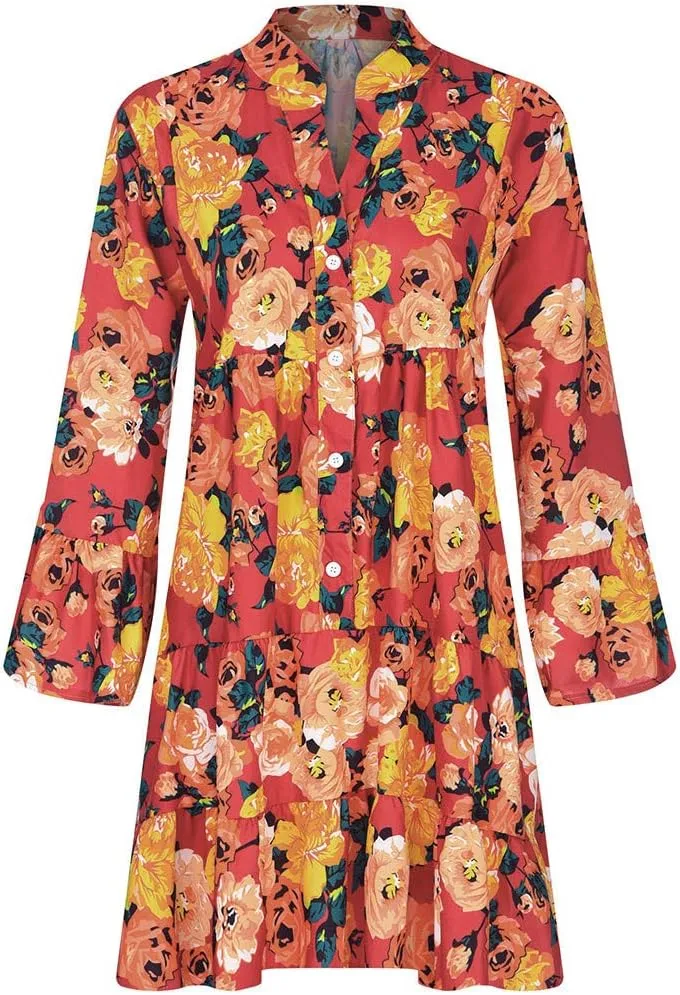 Long Sleeve Dress for Women Plus Size Floral Print Shirt Dress Button Down Casual Loose Midi Dress Summer Dresses