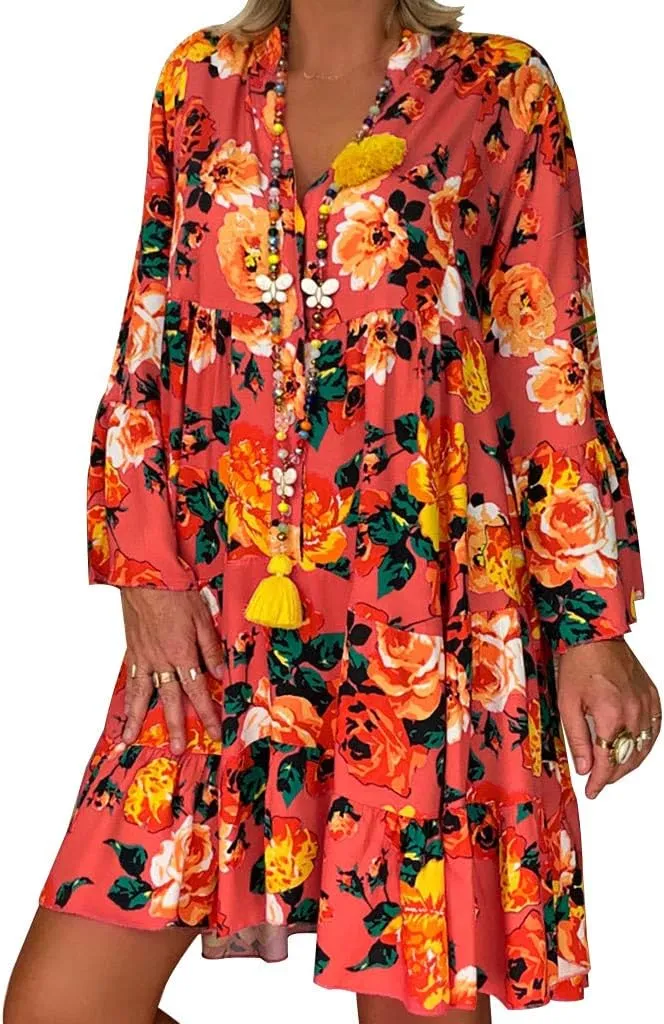 Long Sleeve Dress for Women Plus Size Floral Print Shirt Dress Button Down Casual Loose Midi Dress Summer Dresses