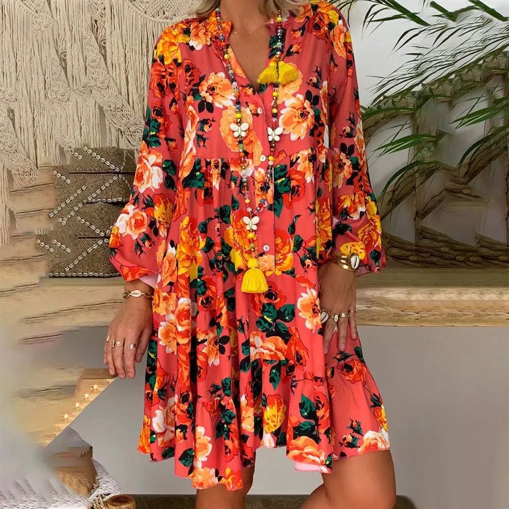 Long Sleeve Dress for Women Plus Size Floral Print Shirt Dress Button Down Casual Loose Midi Dress Summer Dresses