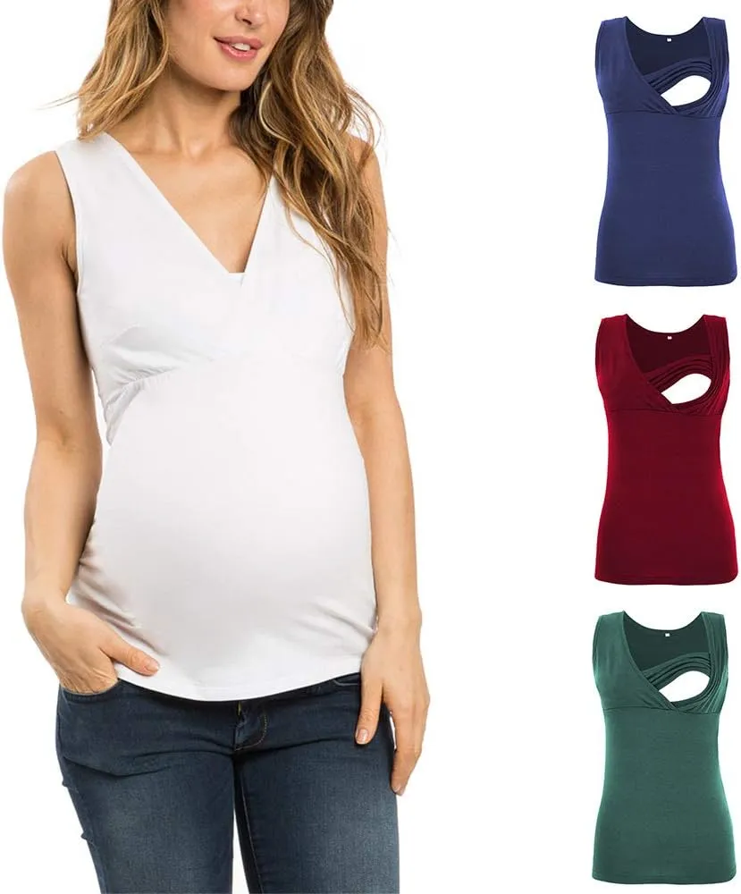 Maternity Nursing Top Summer Casual Pregnancy Breastfeeding Vest Sleeveless V Neck T Shirt Breathable Pregnant Blouse