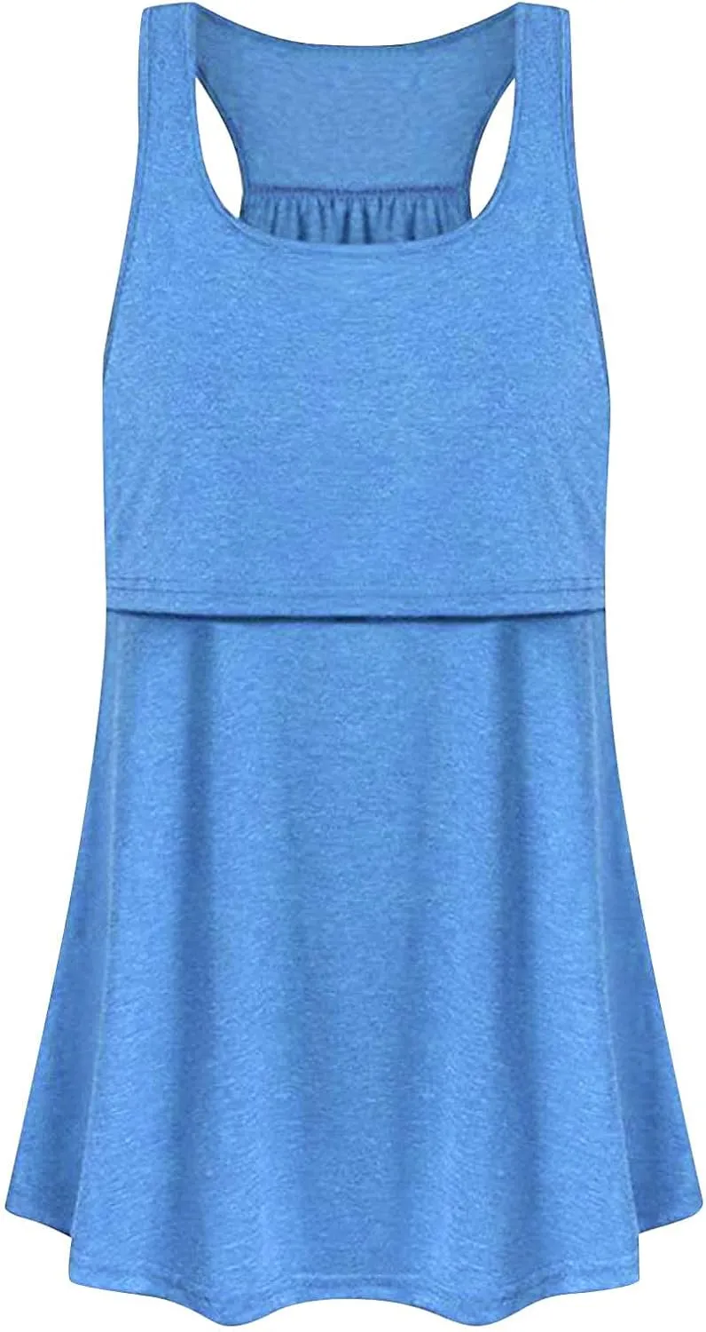 Maternity Tank Dress Loose Sleeveless Dresses Casual Ruched Top Dress Breast-Feeding Dress for Pregnant Women