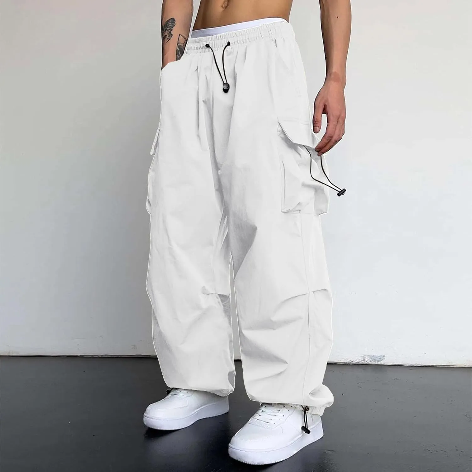 Men Baggy Cargo Pants Trendy Casual Parachute Pants Drawstring Sweatpants Loose Harem Joggers Streetwear with Pockets