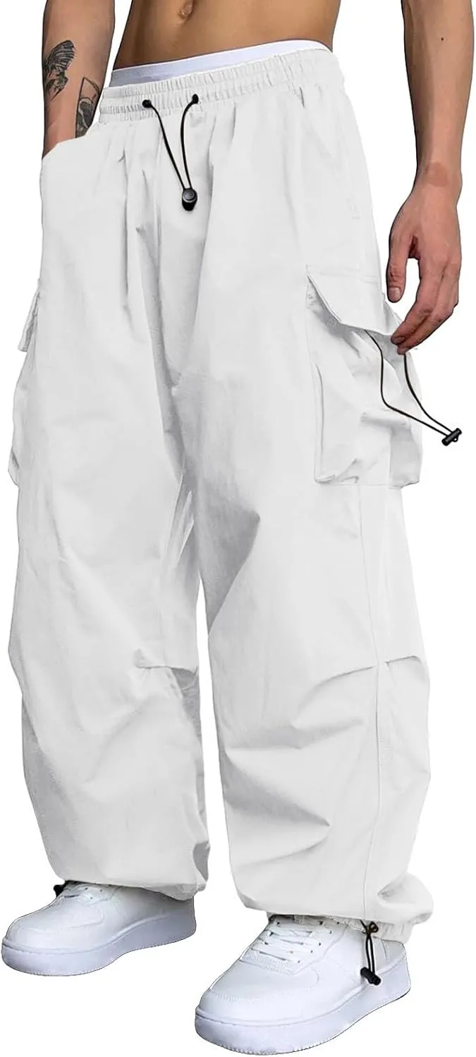 Men Baggy Cargo Pants Trendy Casual Parachute Pants Drawstring Sweatpants Loose Harem Joggers Streetwear with Pockets
