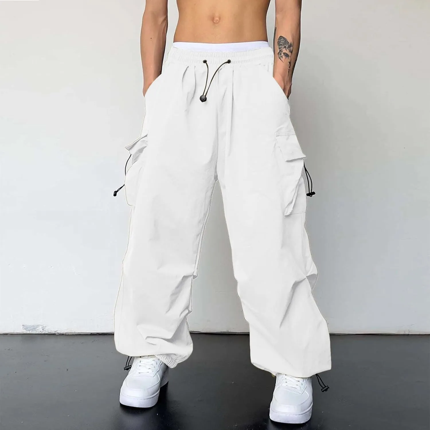 Men Baggy Cargo Pants Trendy Casual Parachute Pants Drawstring Sweatpants Loose Harem Joggers Streetwear with Pockets