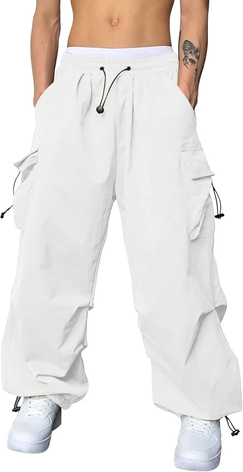 Men Baggy Cargo Pants Trendy Casual Parachute Pants Drawstring Sweatpants Loose Harem Joggers Streetwear with Pockets