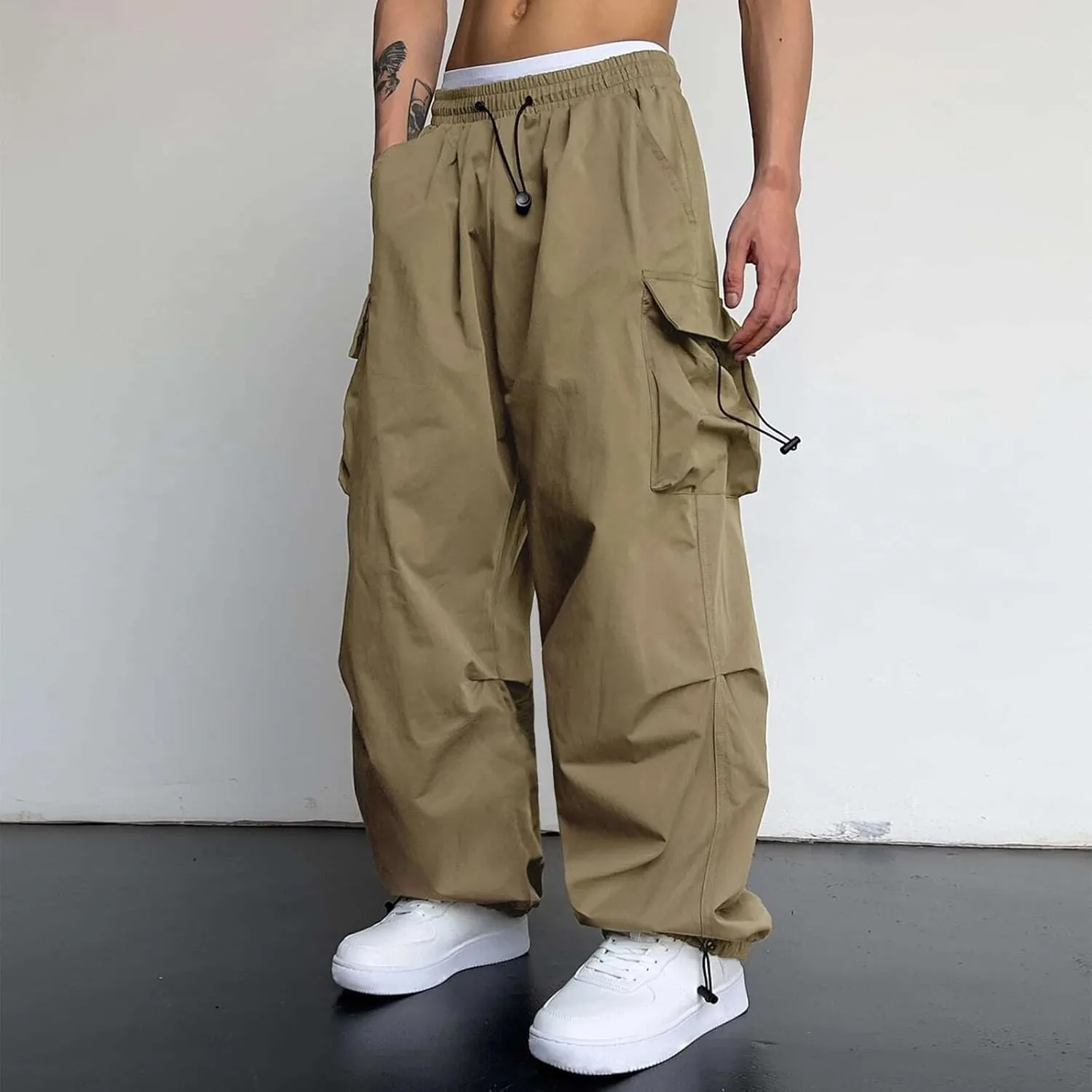 Men Baggy Cargo Pants Trendy Casual Parachute Pants Loose Harem Joggers Streetwear Drawstring Sweatpants with Pocket