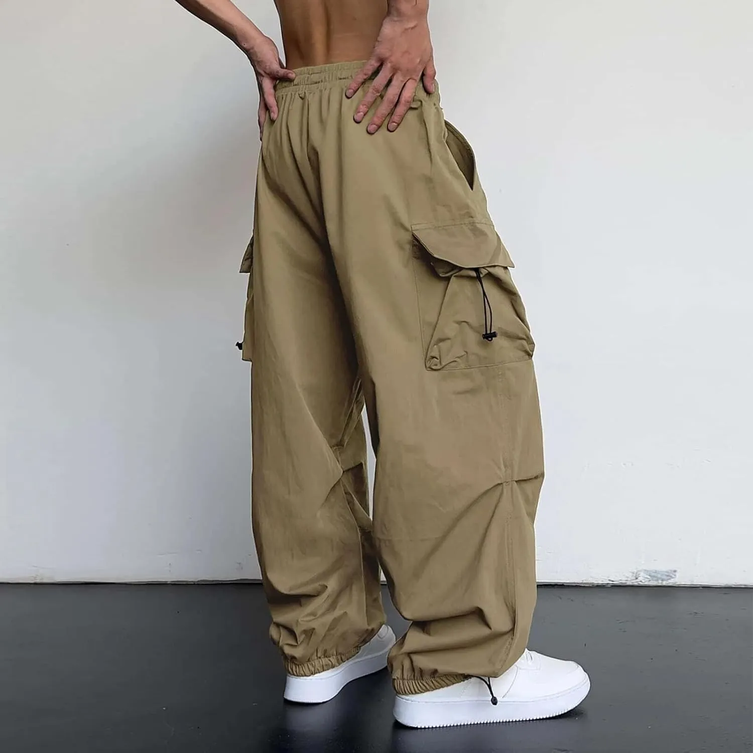 Men Baggy Cargo Pants Trendy Casual Parachute Pants Loose Harem Joggers Streetwear Drawstring Sweatpants with Pocket