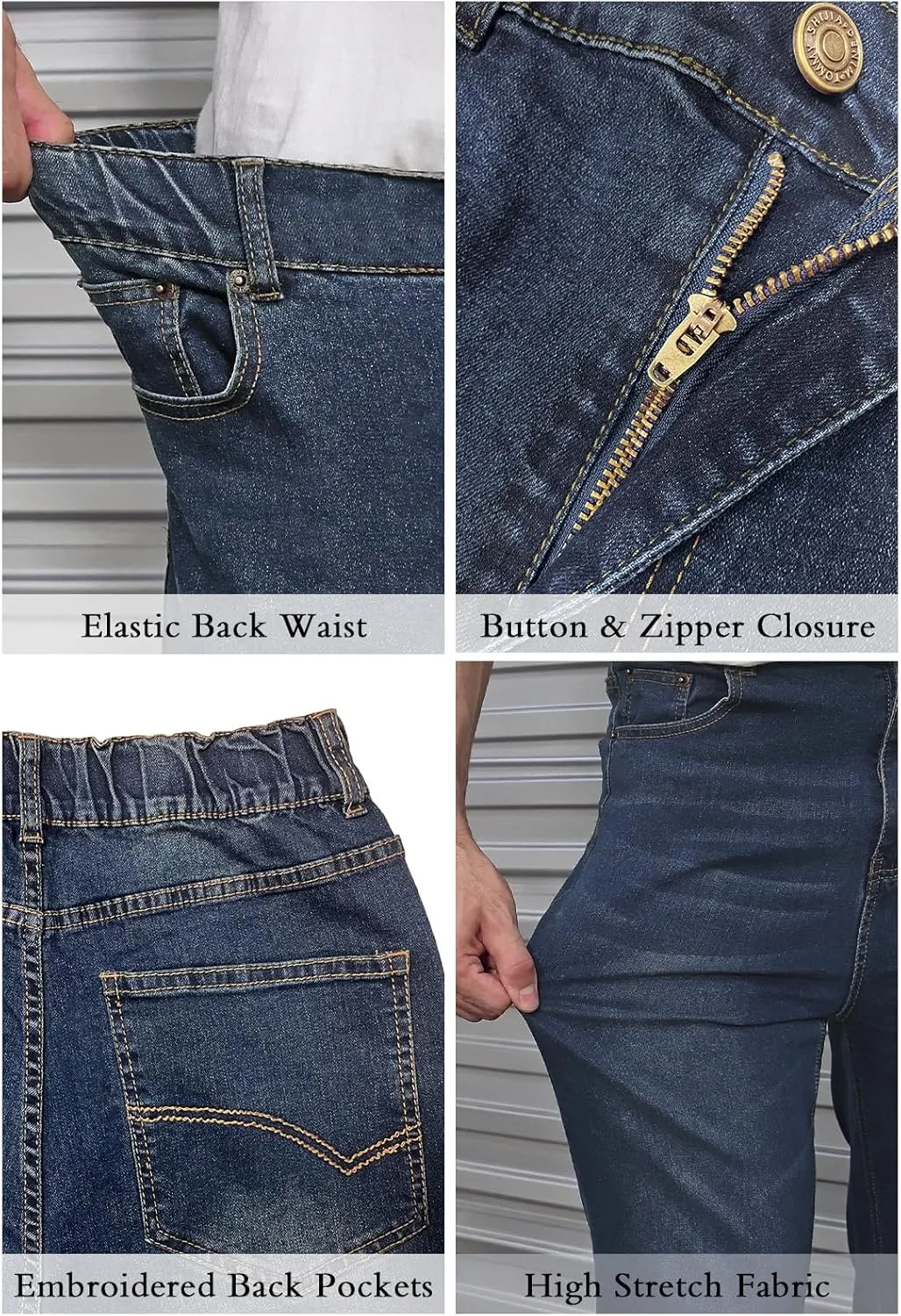 Men's Elastic Waist Jeans Stretch High Waisted Denim Jean Pants with Zipper and Button