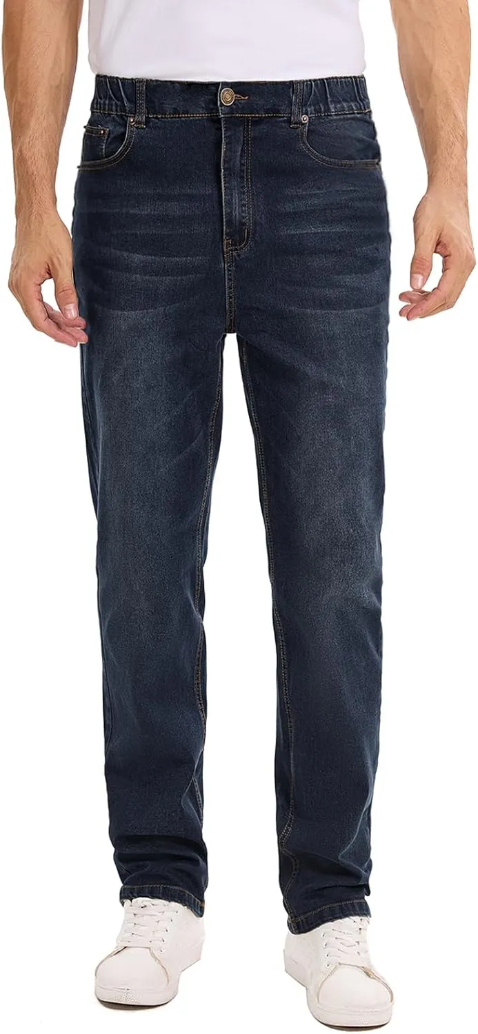 Men's Elastic Waist Jeans Stretch High Waisted Denim Jean Pants with Zipper and Button