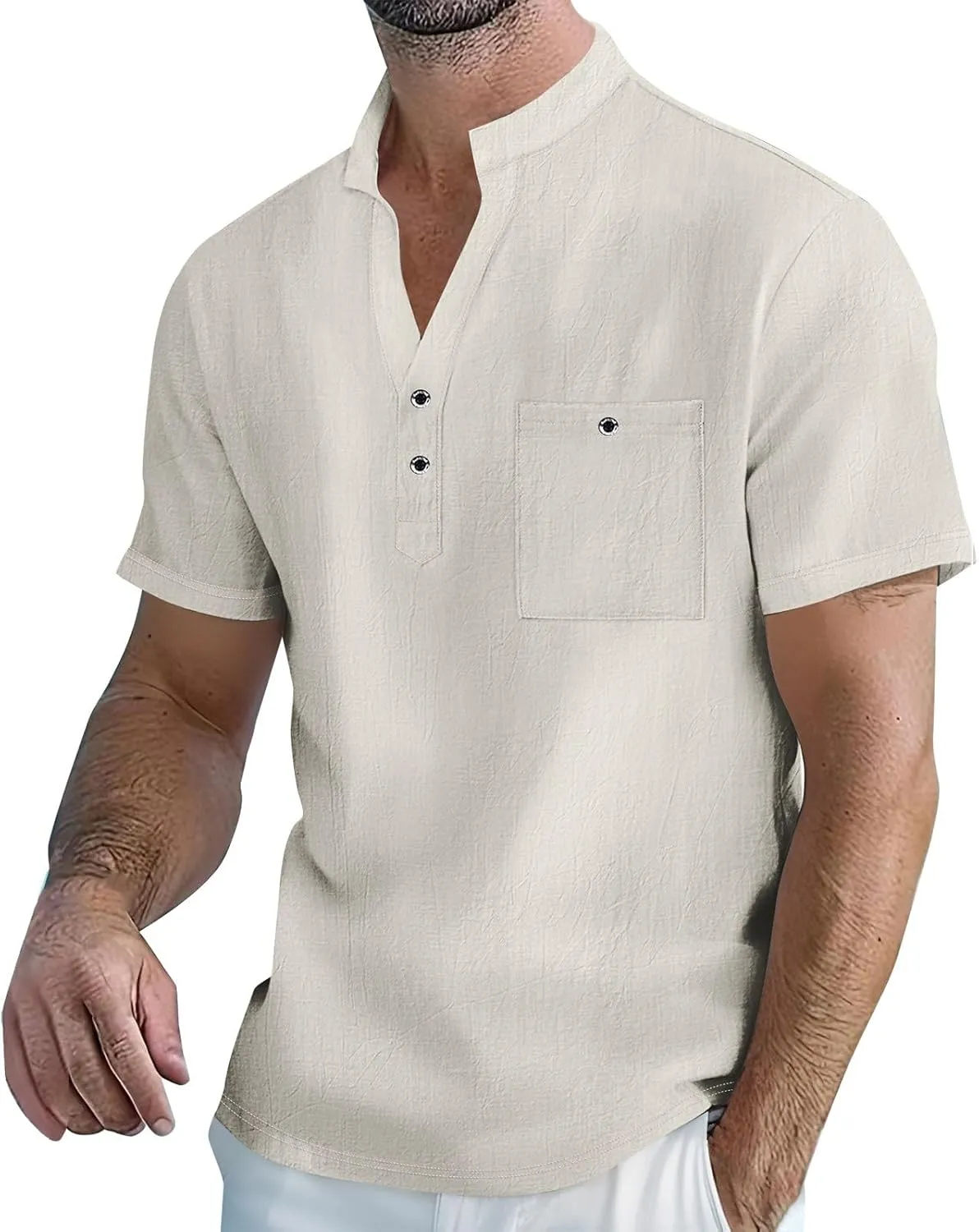 Men's Summer Cotton Linen Shirts Casual Short Sleeve Breathable Outdoor T-Shirt Collar Henley Tops for Beach Vacation