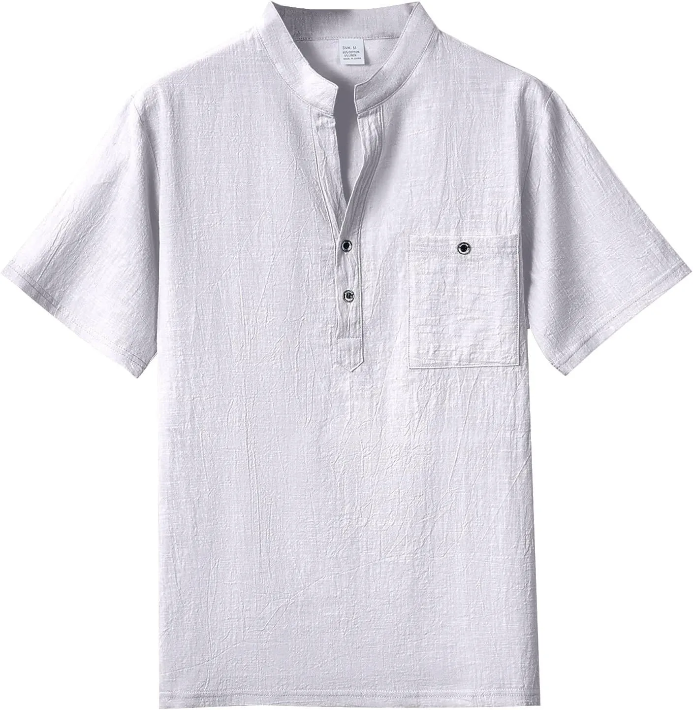 Men's Summer Cotton Linen Shirts Casual Short Sleeve Breathable Outdoor T-Shirt Collar Henley Tops for Beach Vacation