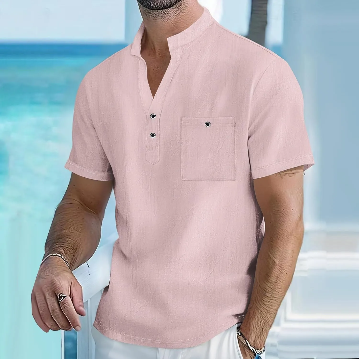 Men's Summer Cotton Linen Shirts Casual Short Sleeve Breathable Outdoor T-Shirt Collar Henley Tops for Beach Vacation