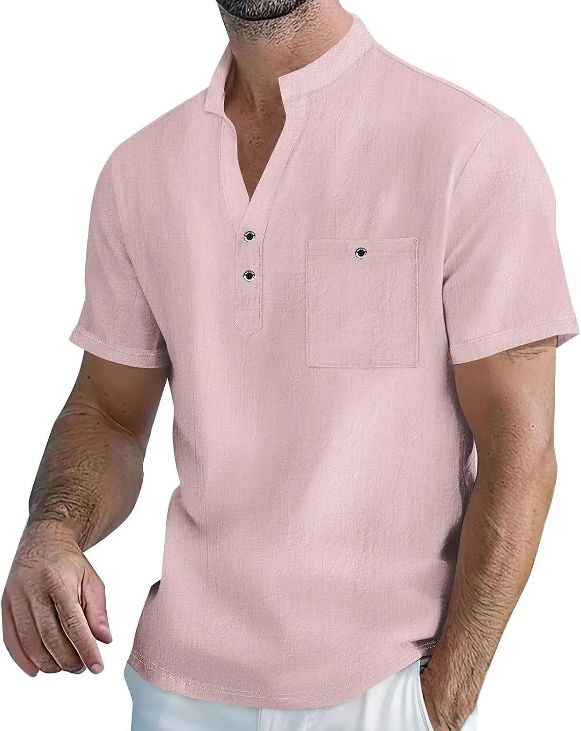 Men's Summer Cotton Linen Shirts Casual Short Sleeve Breathable Outdoor T-Shirt Collar Henley Tops for Beach Vacation