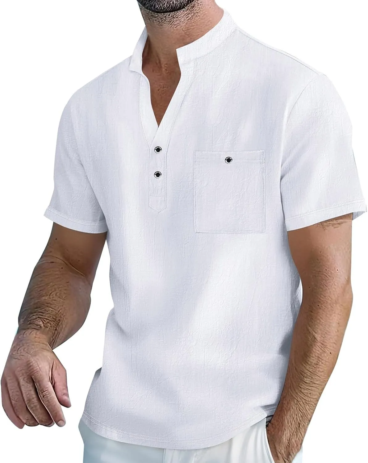 Men's Summer Cotton Linen Shirts Casual Short Sleeve Breathable Outdoor T-Shirt Collar Henley Tops for Beach Vacation