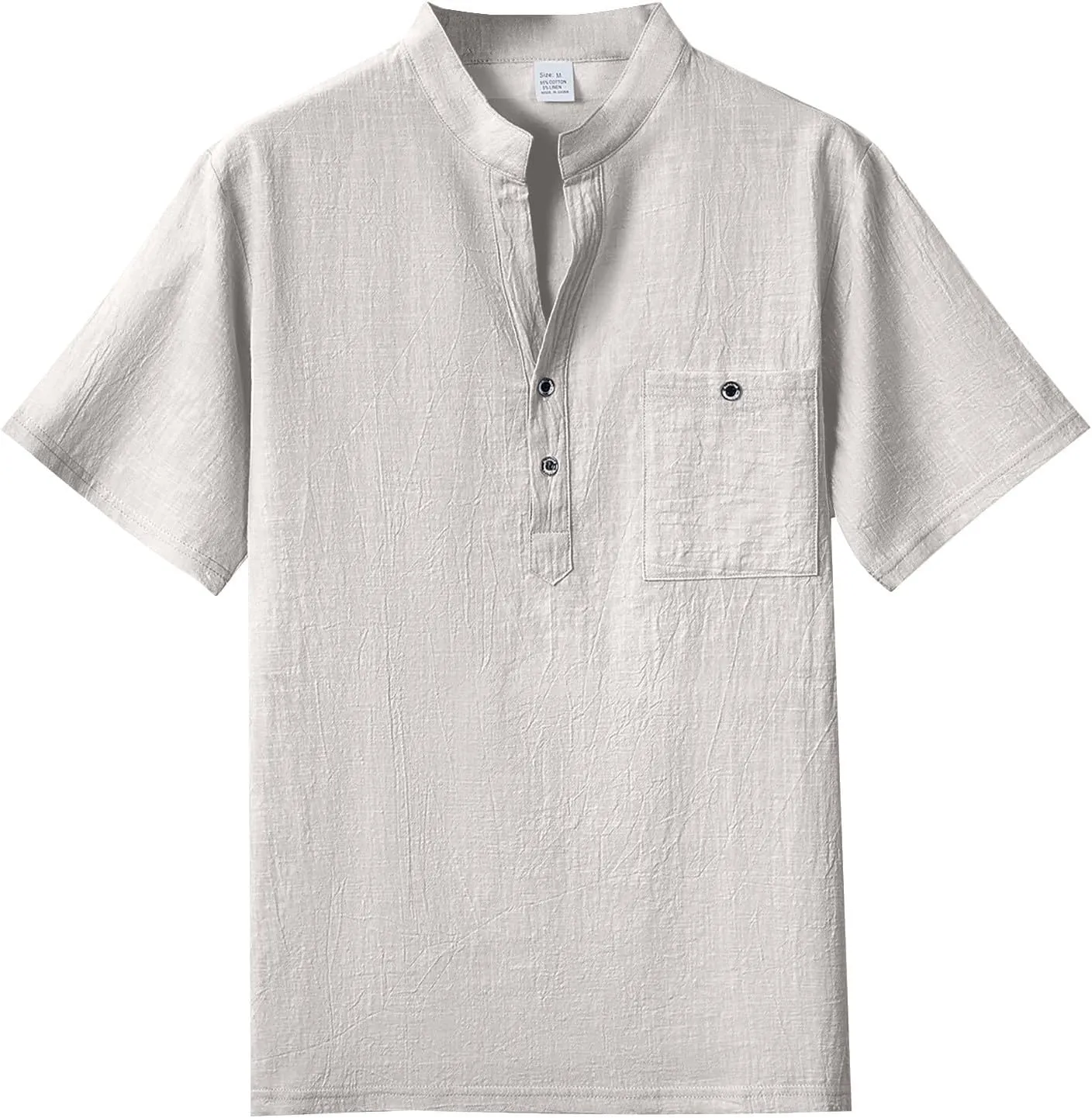 Men's Summer Cotton Linen Shirts Casual Short Sleeve Breathable Outdoor T-Shirt Collar Henley Tops for Beach Vacation