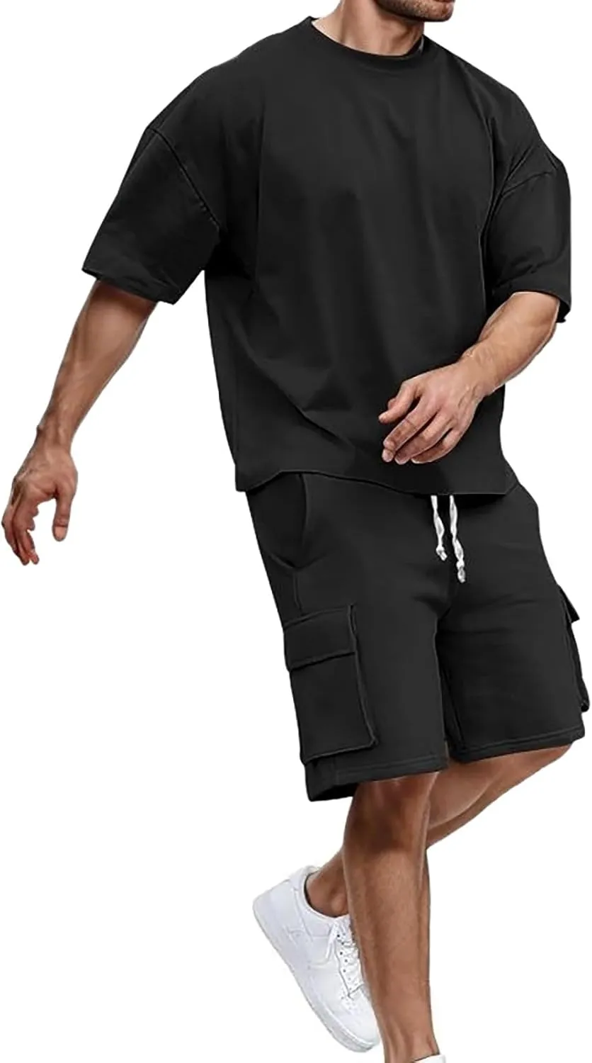 Mens Summer Solid T Shirt Cargo Shorts 2 Piece Set Beach Outfits Slim Casual Breathable Tracksuit