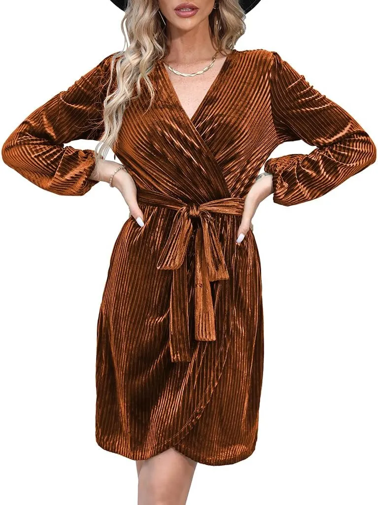 Naggoo Women's Long Sleeve Wrap Dress Semi Formal Velvet Mini Dress Sexy V Neck Cocktail Party Club Dress