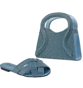 Nice Style Blue Rhinestone Flat Sandals and Matching Sparkly Handbag Set