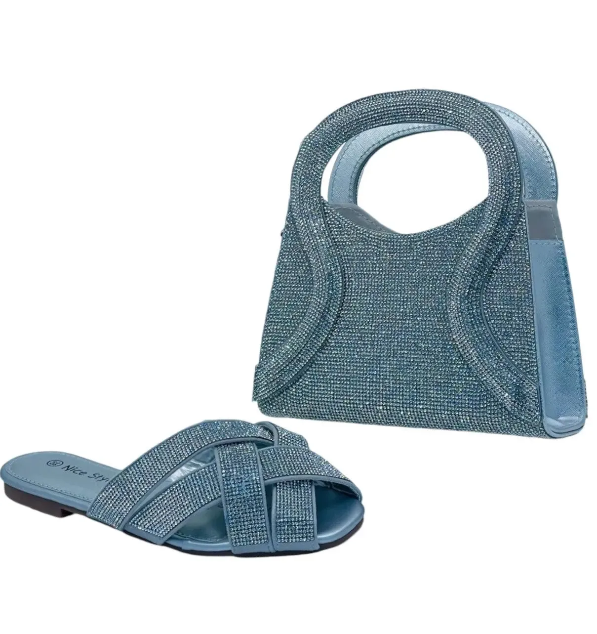 Nice Style Blue Rhinestone Flat Sandals and Matching Sparkly Handbag Set