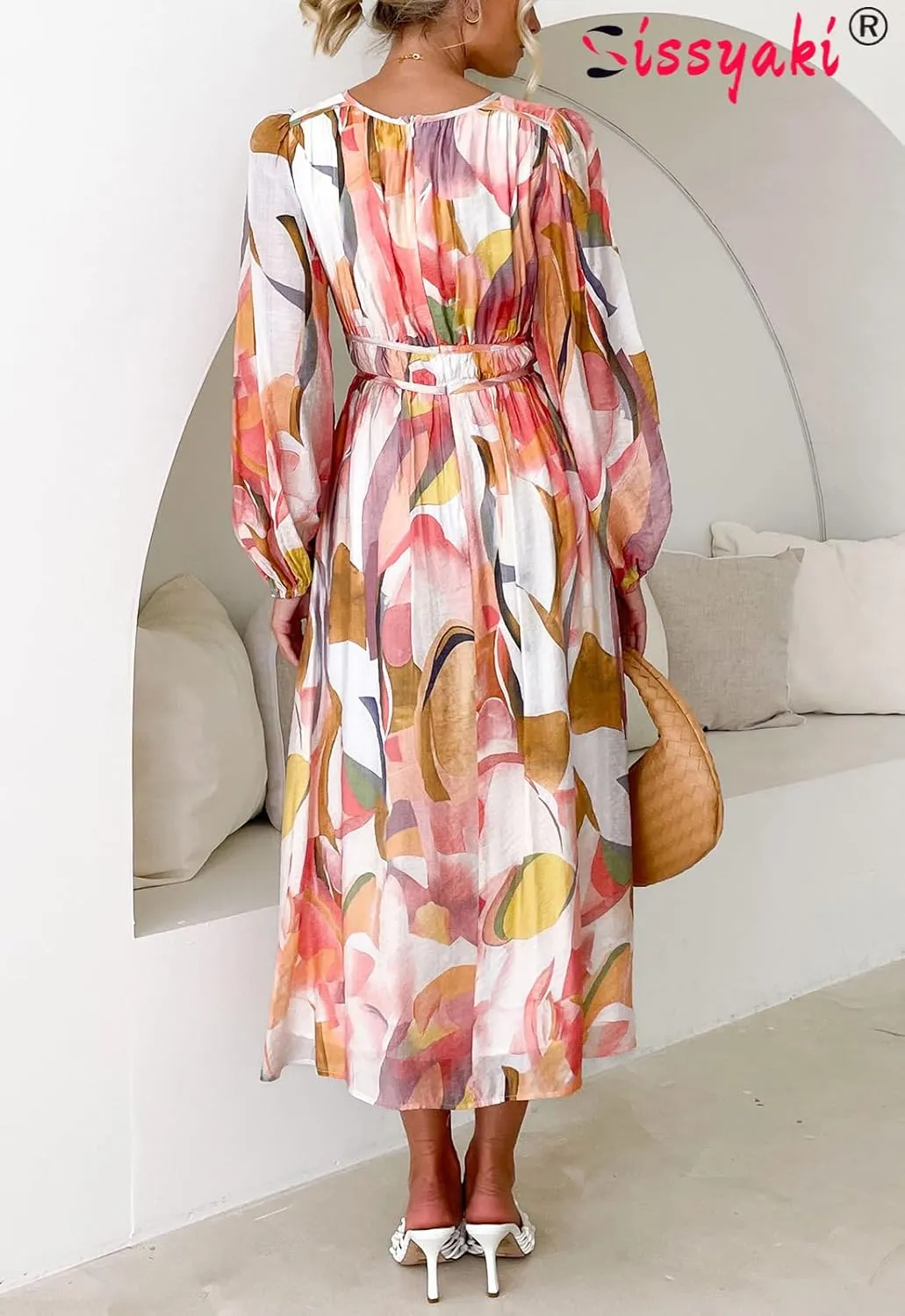 Sissyaki Women's Long Sleeve Boho Floral Maxi Dress Smocked Beach Flowy Dress