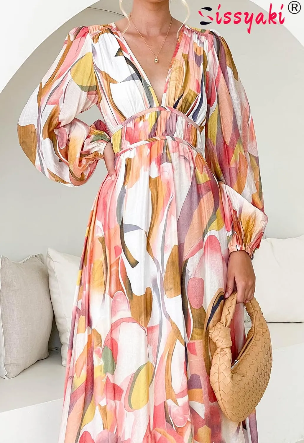 Sissyaki Women's Long Sleeve Boho Floral Maxi Dress Smocked Beach Flowy Dress
