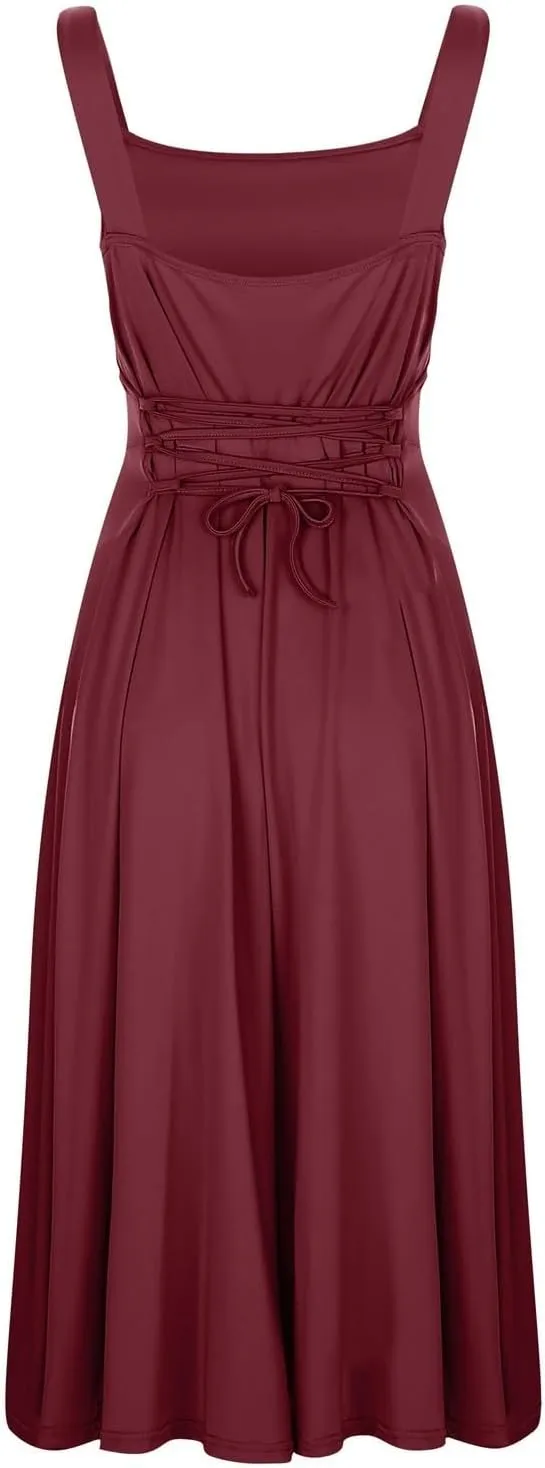 Spring Dress for Women 2025, Square Neck Midi Dress for Women Summer Casual Sleeveless Drawstring Sundress Flare Tank Dress