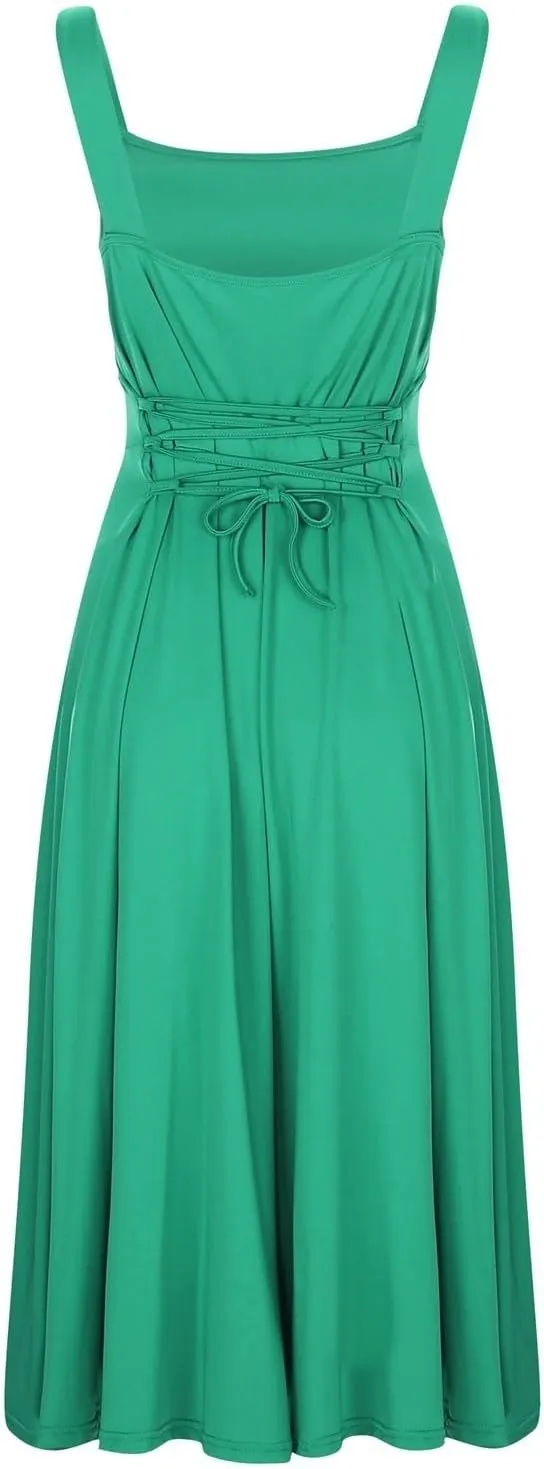 Spring Dress for Women 2025, Square Neck Midi Dress for Women Summer Casual Sleeveless Drawstring Sundress Flare Tank Dress