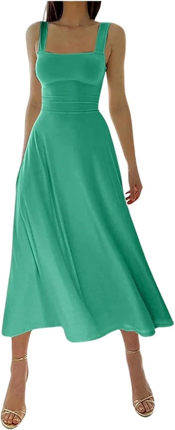 Spring Dress for Women 2025, Square Neck Midi Dress for Women Summer Casual Sleeveless Drawstring Sundress Flare Tank Dress