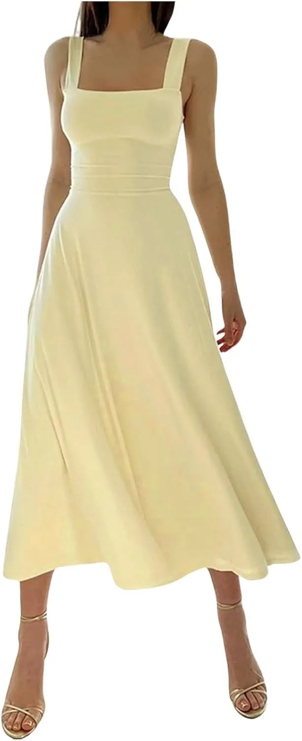 Spring Dress for Women 2025, Square Neck Midi Dress for Women Summer Casual Sleeveless Drawstring Sundress Flare Tank Dress