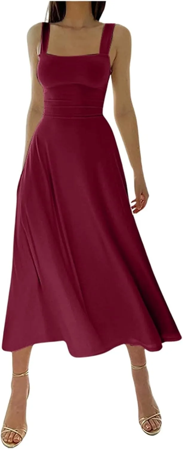 Spring Dress for Women 2025, Square Neck Midi Dress for Women Summer Casual Sleeveless Drawstring Sundress Flare Tank Dress