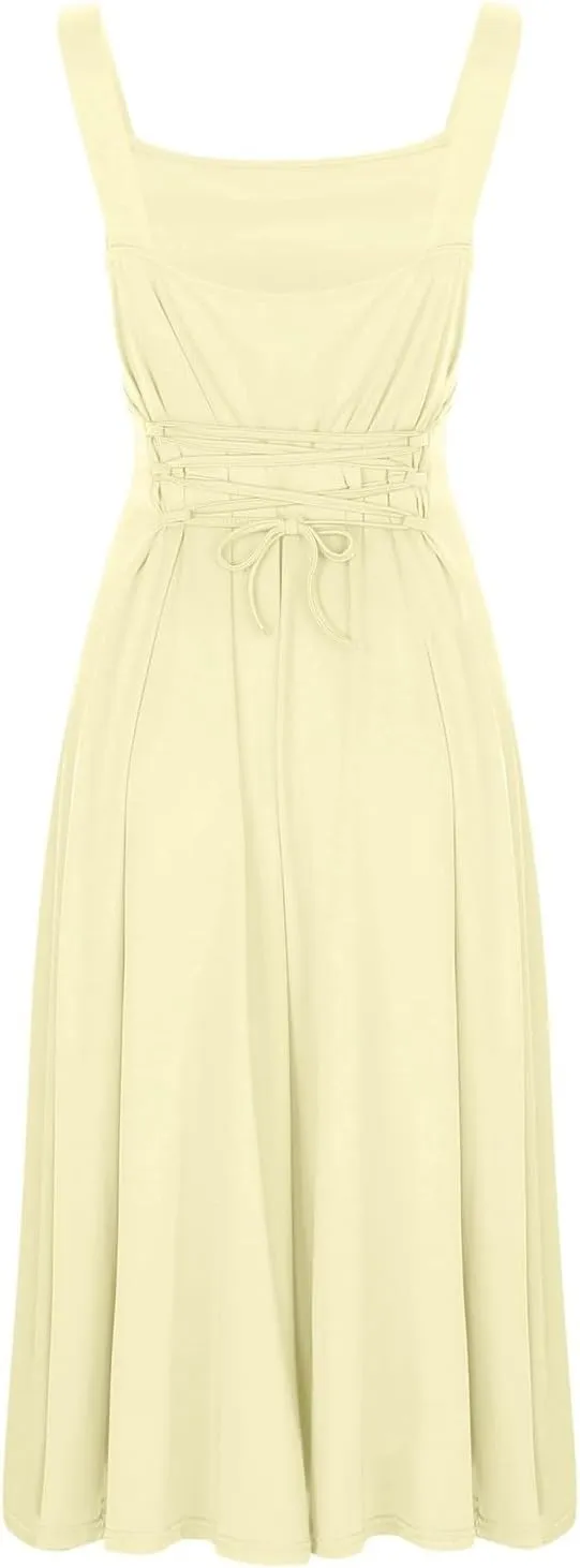 Spring Dress for Women 2025, Square Neck Midi Dress for Women Summer Casual Sleeveless Drawstring Sundress Flare Tank Dress