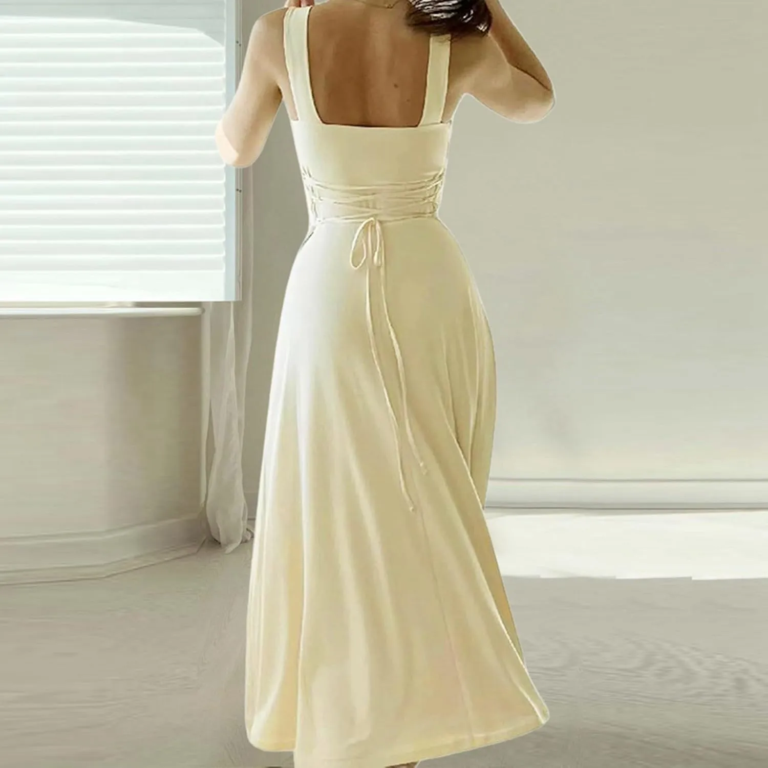 Spring Dress for Women 2025, Square Neck Midi Dress for Women Summer Casual Sleeveless Drawstring Sundress Flare Tank Dress