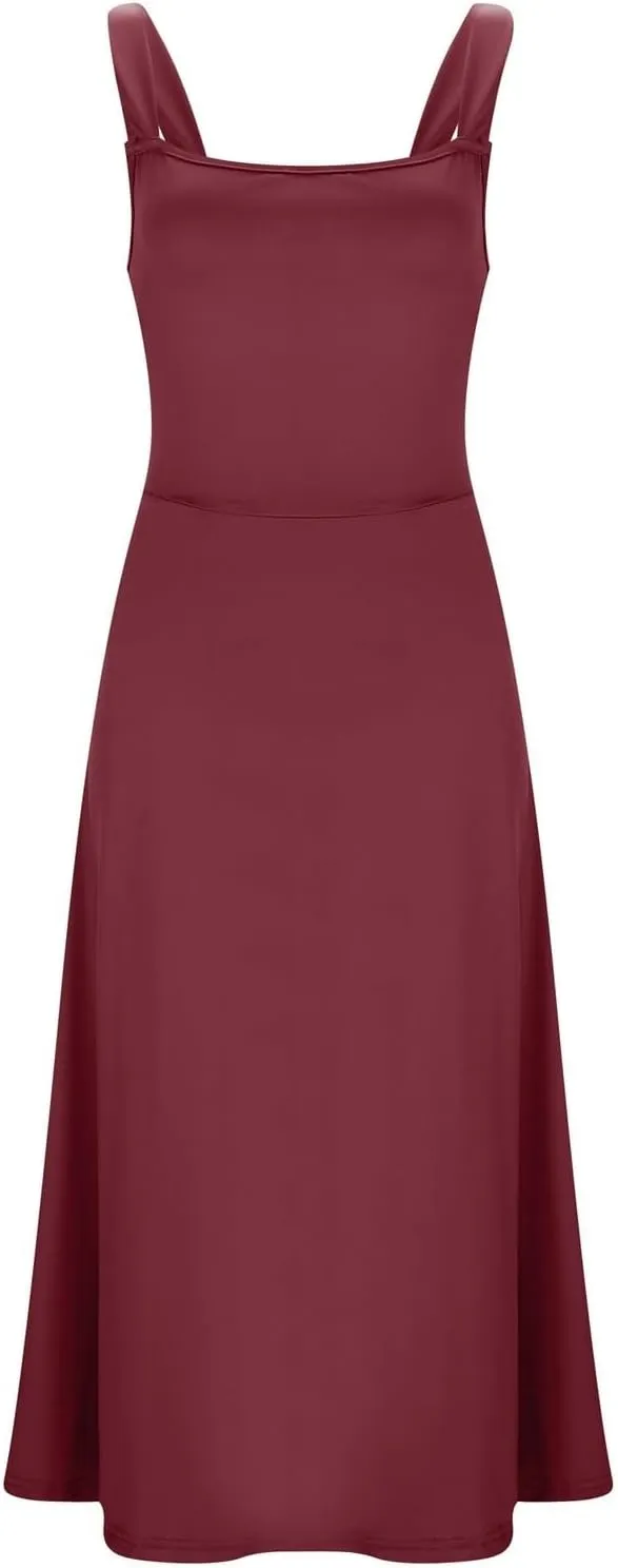 Spring Dress for Women 2025, Square Neck Midi Dress for Women Summer Casual Sleeveless Drawstring Sundress Flare Tank Dress