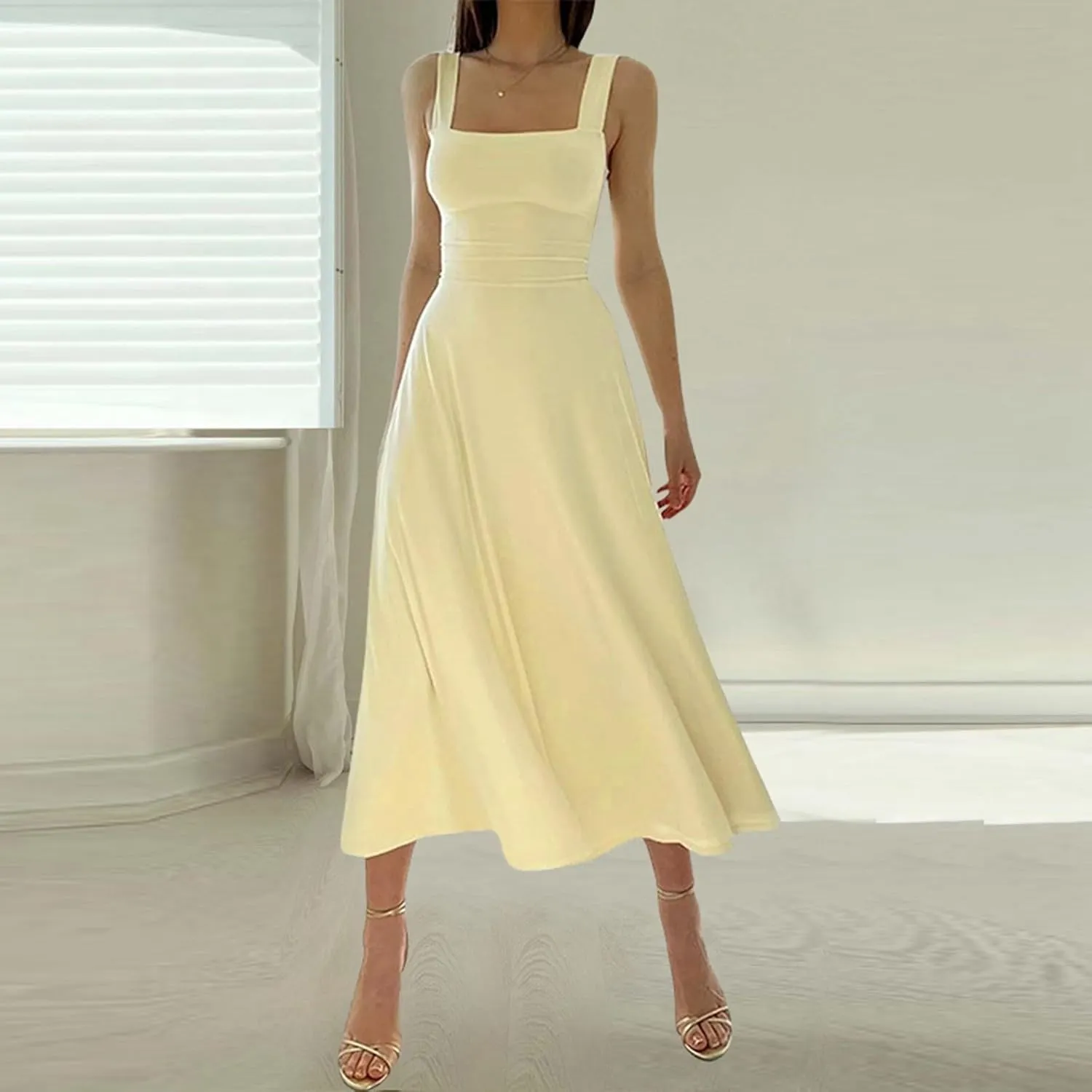 Spring Dress for Women 2025, Square Neck Midi Dress for Women Summer Casual Sleeveless Drawstring Sundress Flare Tank Dress