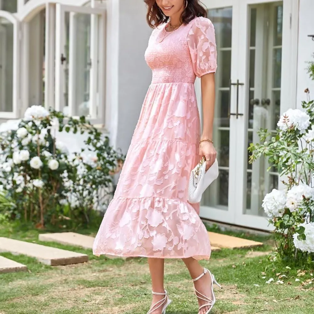 Summer Dresses for Women 2025 Puff Sleeve Maxi Dress Wedding Guest Dress Floral Lace Dress