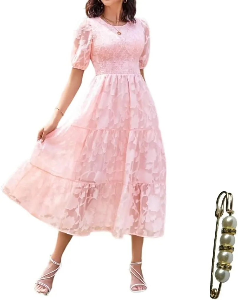 Summer Dresses for Women 2025 Puff Sleeve Maxi Dress Wedding Guest Dress Floral Lace Dress