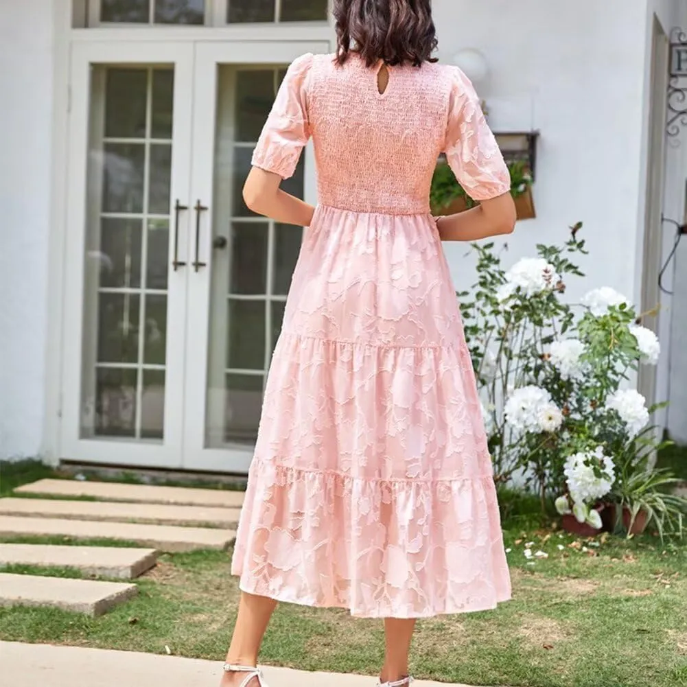 Summer Dresses for Women 2025 Puff Sleeve Maxi Dress Wedding Guest Dress Floral Lace Dress